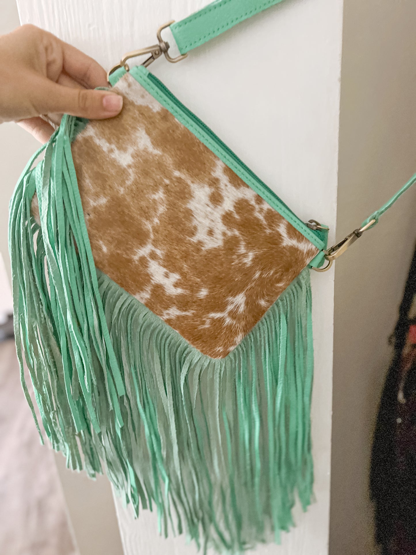 Turquoise Fringe Cowhide Crossbody