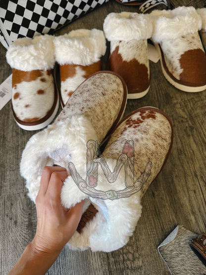 Alamosa Cowhide Slippers Brown n White
