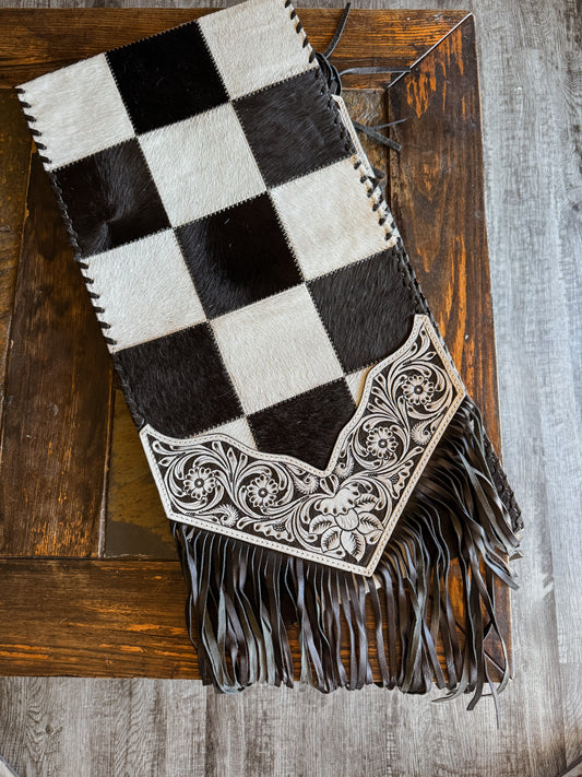 Checkered Cowhide Fringe Table Runner