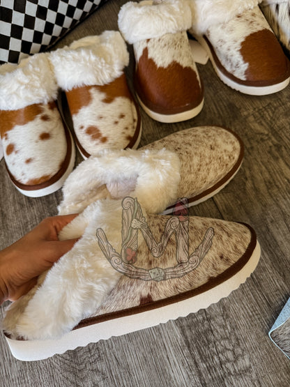 Alamosa Cowhide Slippers Brown n White