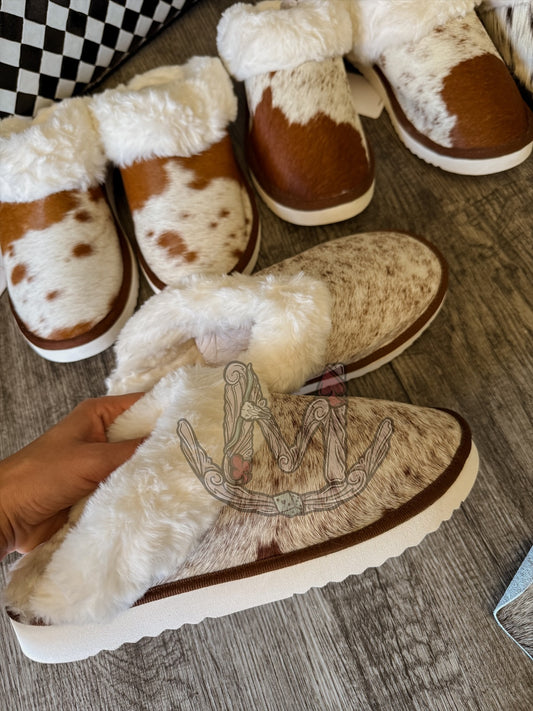 Alamosa Cowhide Slippers Brown n White