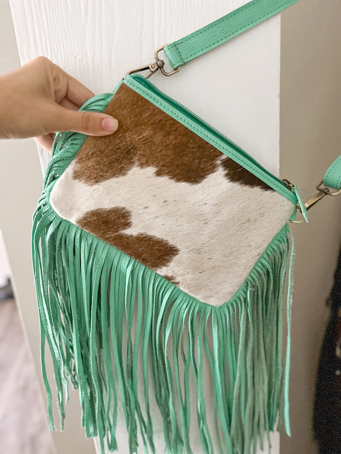 Turquoise Fringe Cowhide Crossbody