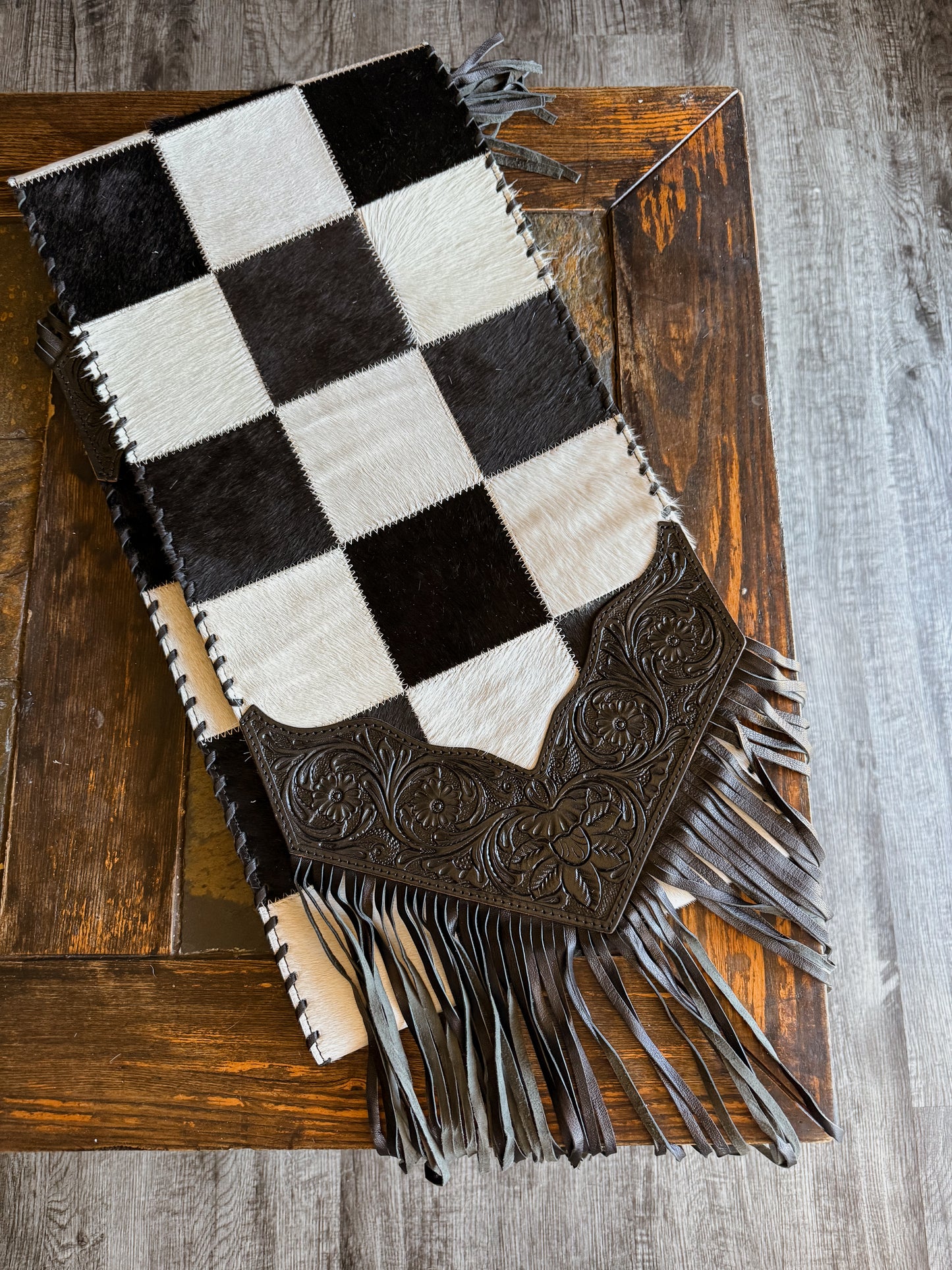 Checkered Cowhide Fringe Table Runner